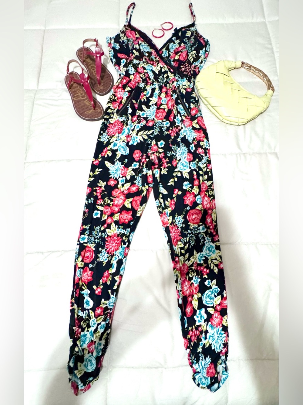 Material Girl Black Floral Spaghetti-Strap Jumpsuit with Pink & Aqua Blooms